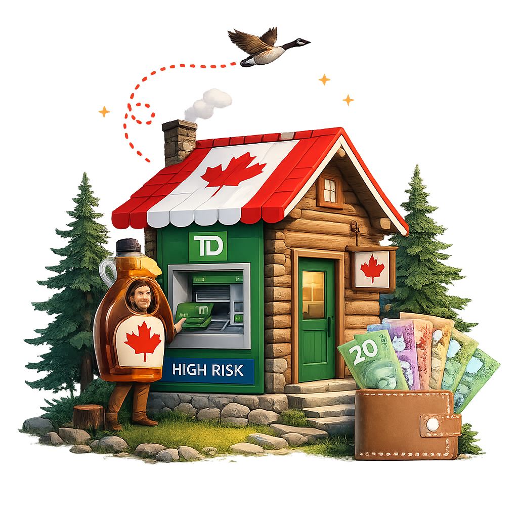Illustration of a Canadian high-risk merchant storefront with payment cash and maple imagery