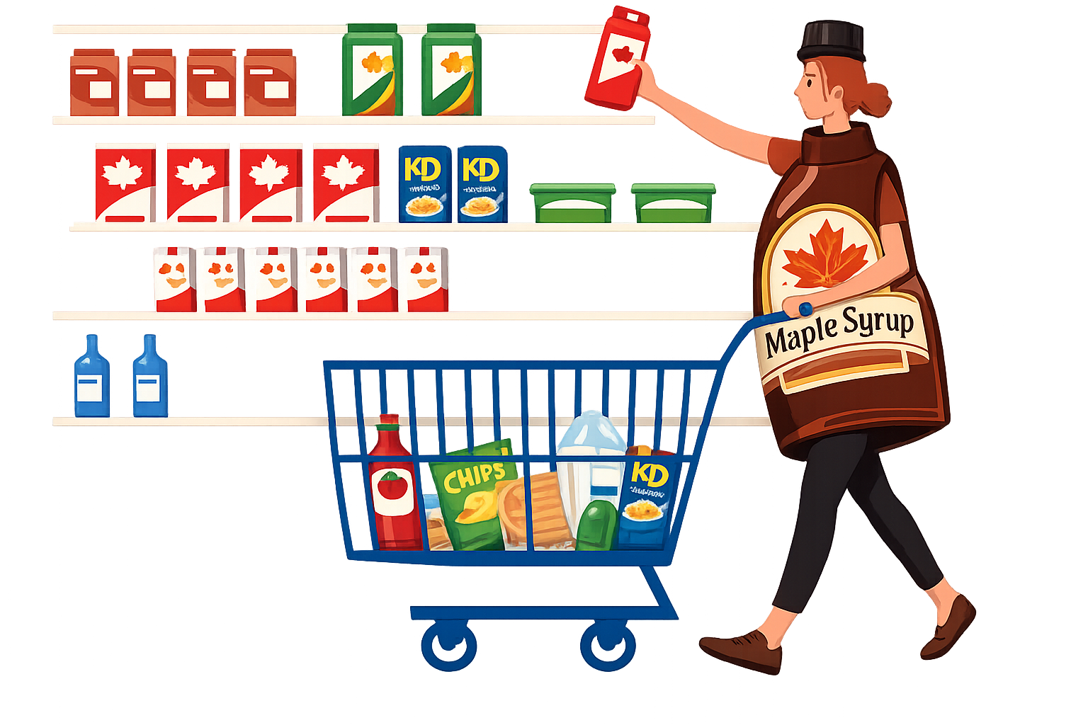 Illustration of a maple syrup merchant shopping in a retail aisle with checkout products