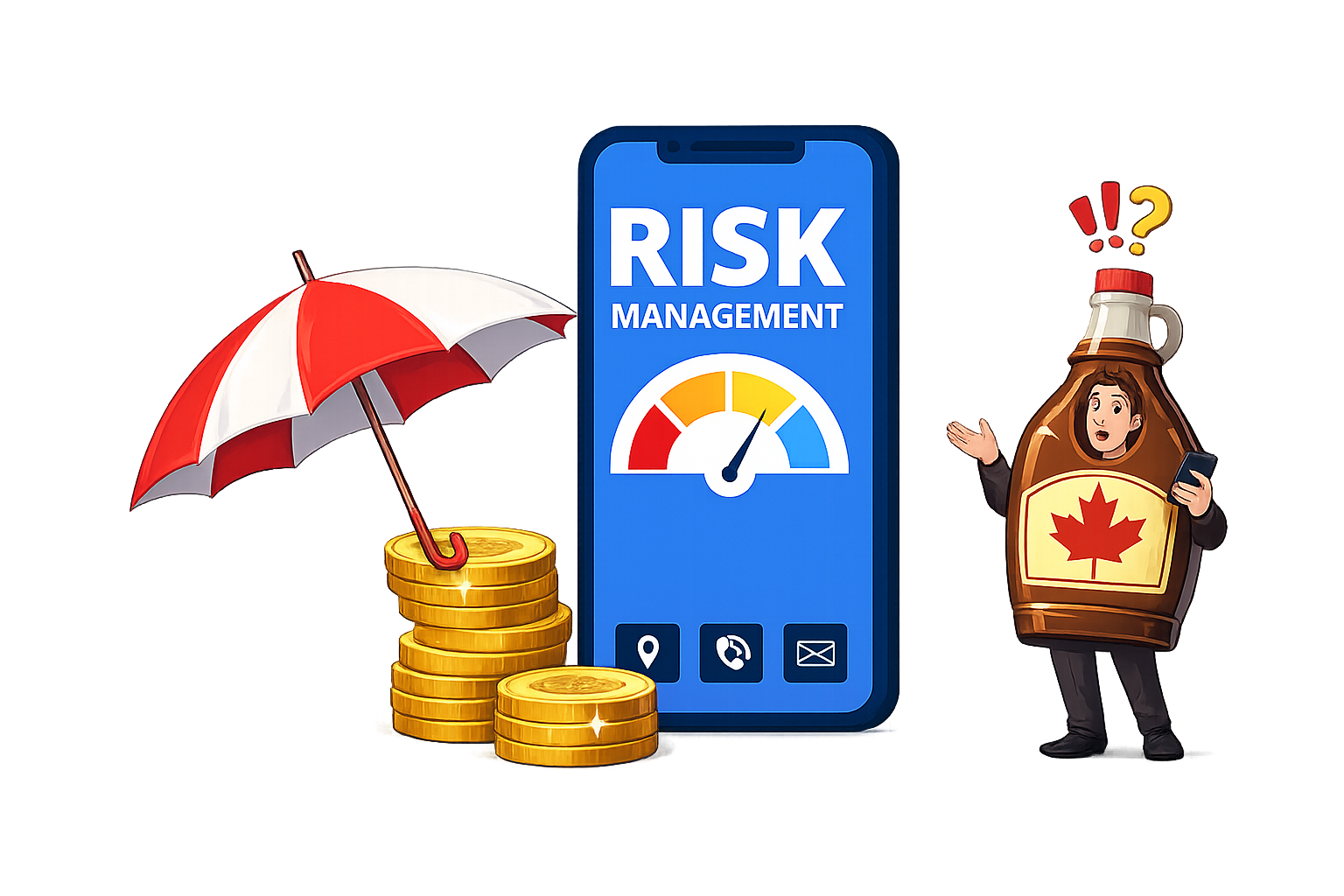 Illustration of a risk-management phone dashboard, coins, umbrella, and maple-themed merchant